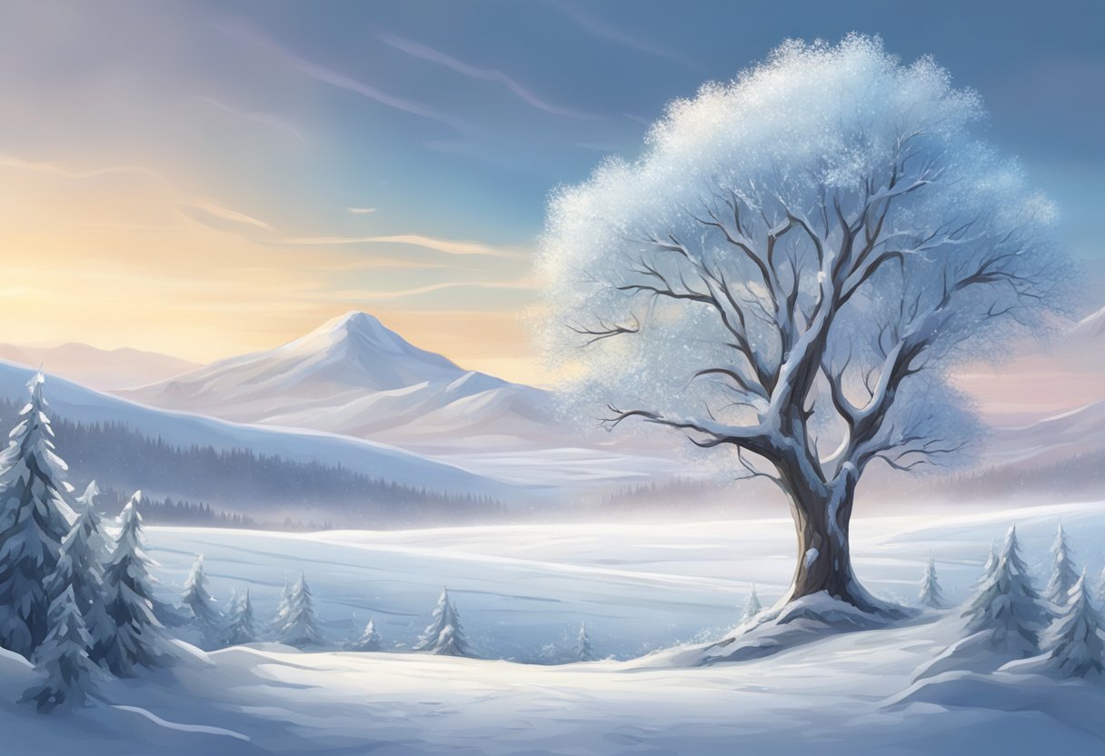 A snow-covered landscape with a lone tree, adorned with a winter hair braid made of frost and icicles