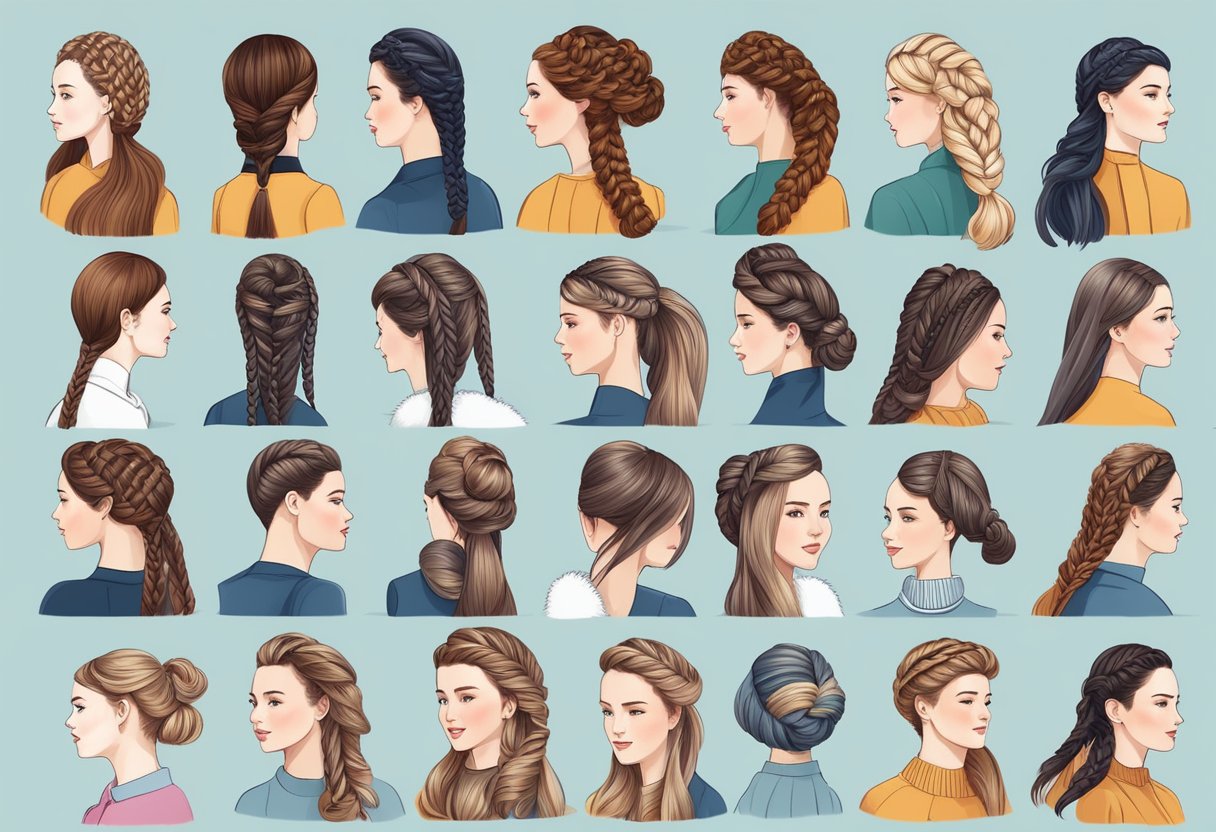 A variety of braided hairstyles, suitable for different hair types, showcased against a snowy winter backdrop