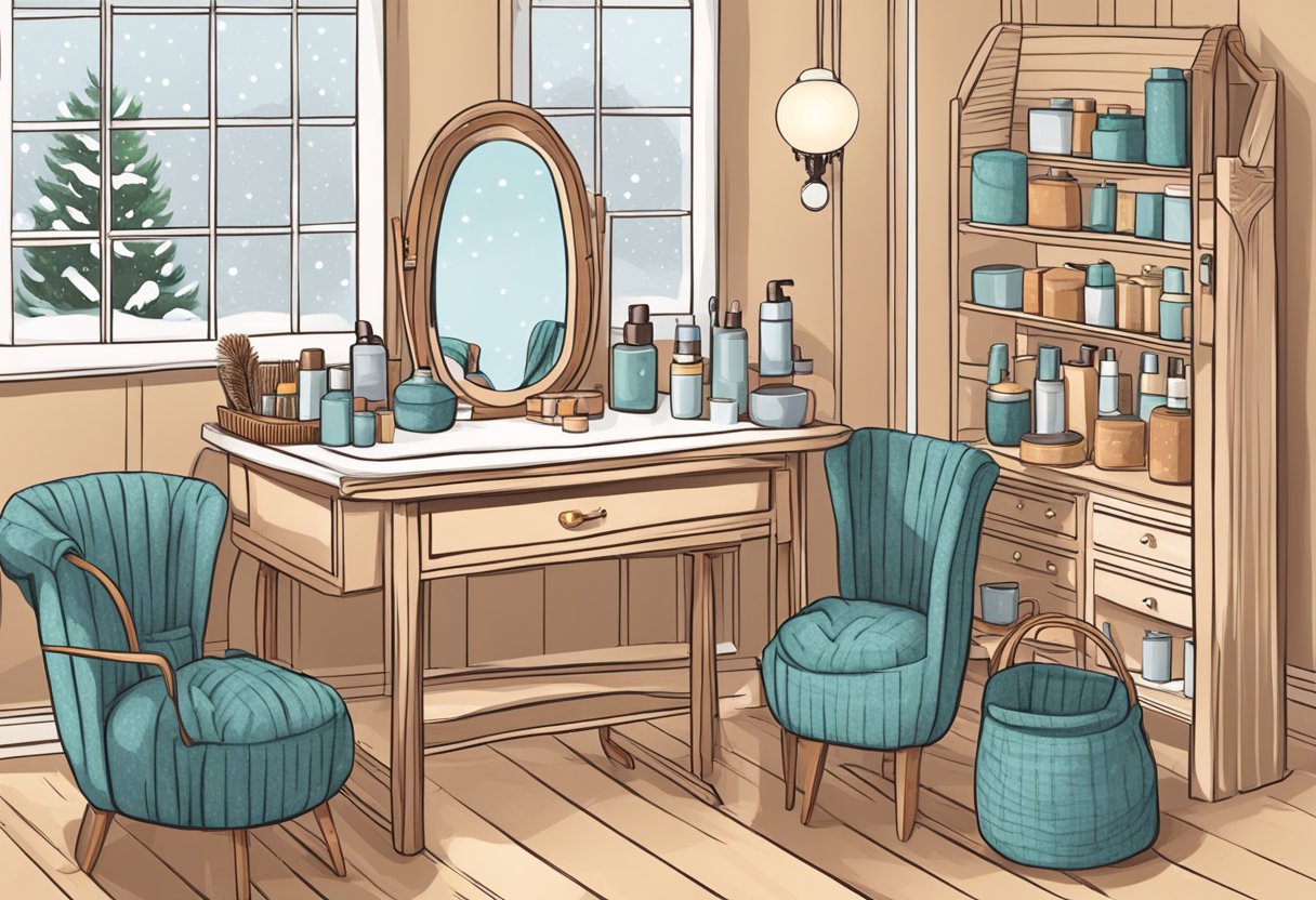 A cozy winter scene with a table set with various hair care products, a mirror, and a chair for braid maintenance