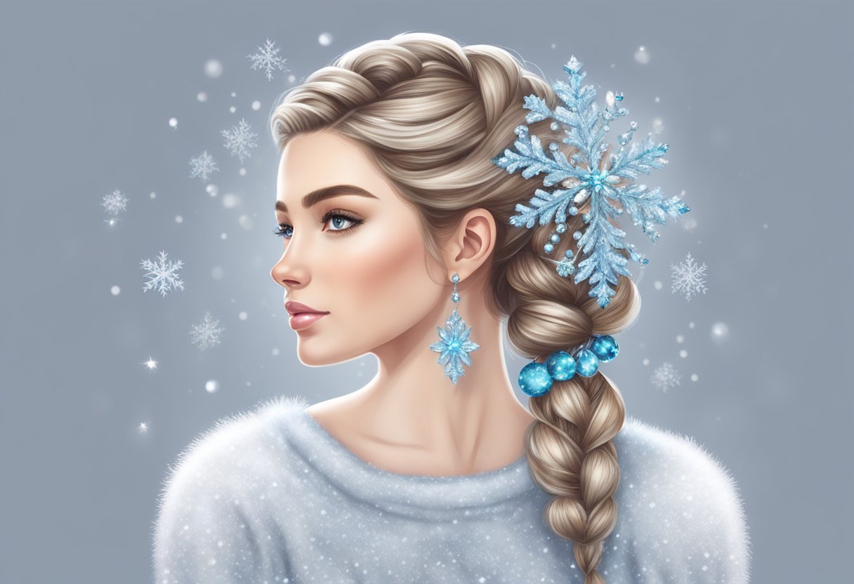 A winter hair braid adorned with sparkling snowflake and crystal accessories
