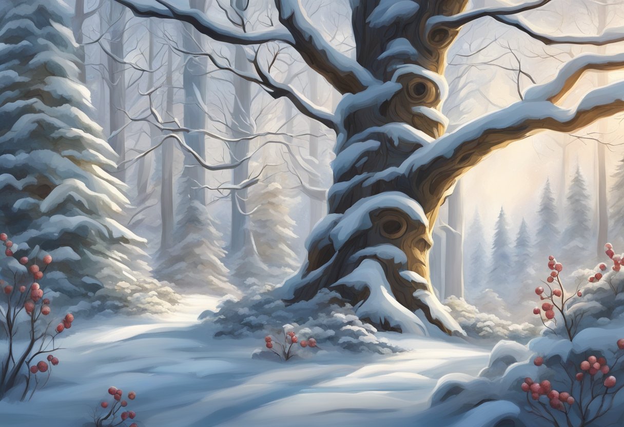 A snowy forest clearing with a whimsical winter braid hanging from a tree branch, adorned with frost and winter berries