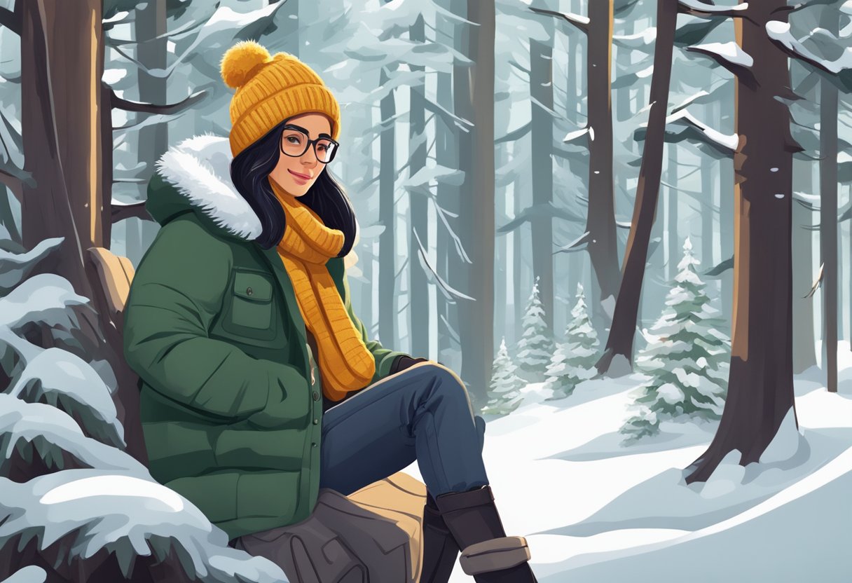 A cozy, snow-covered forest with evergreen trees and a warm, stylish winter outfit hanging from a branch