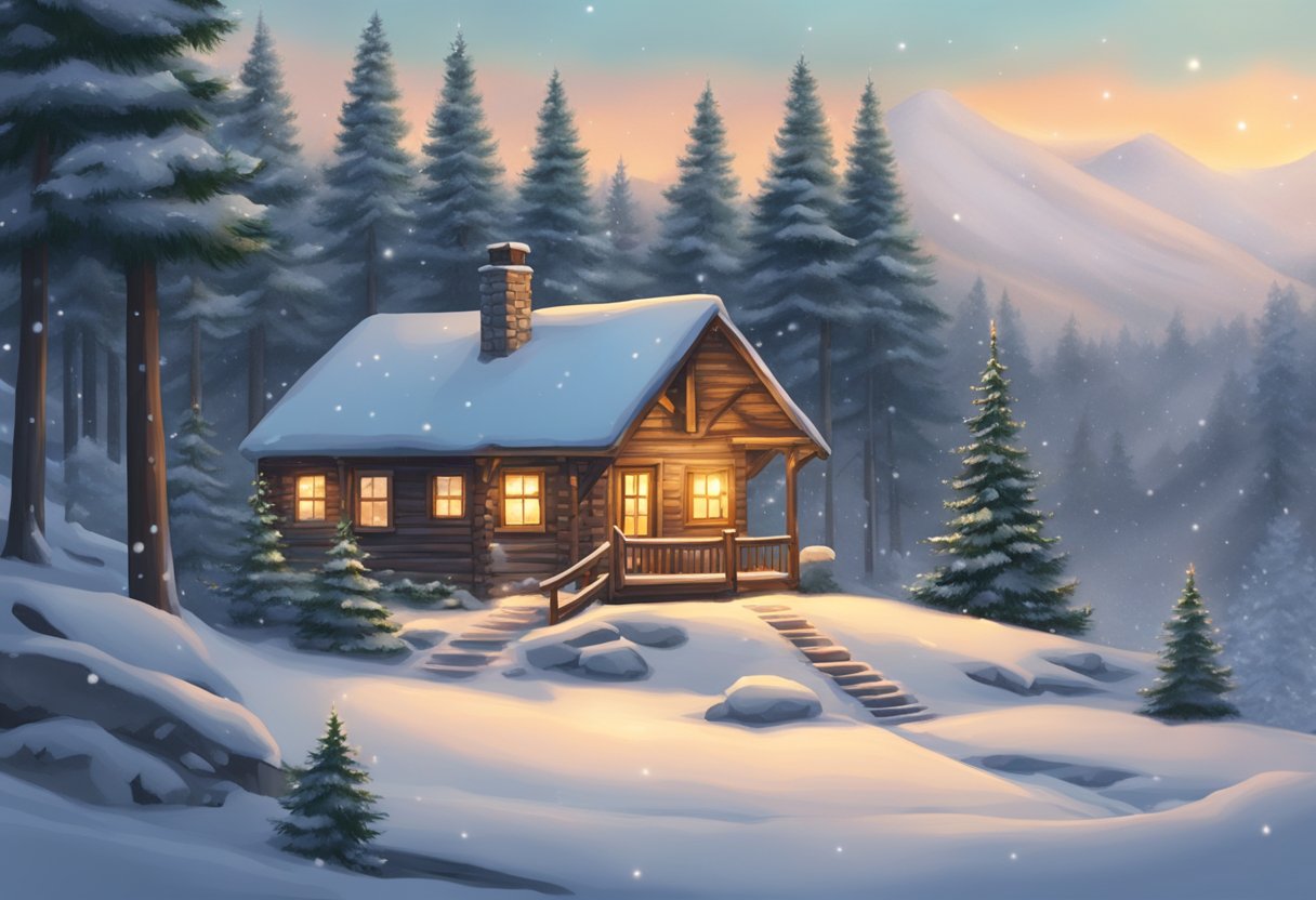 A snowy landscape with evergreen trees, a cozy cabin, and a warm fire. Snowflakes fall gently, creating a serene winter scene