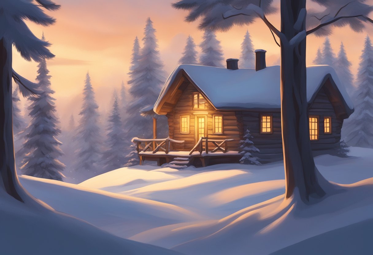 A snowy forest clearing with a cozy cabin, surrounded by pine trees and a soft blanket of snow. Smoke curls from the chimney, and a warm glow emanates from the windows