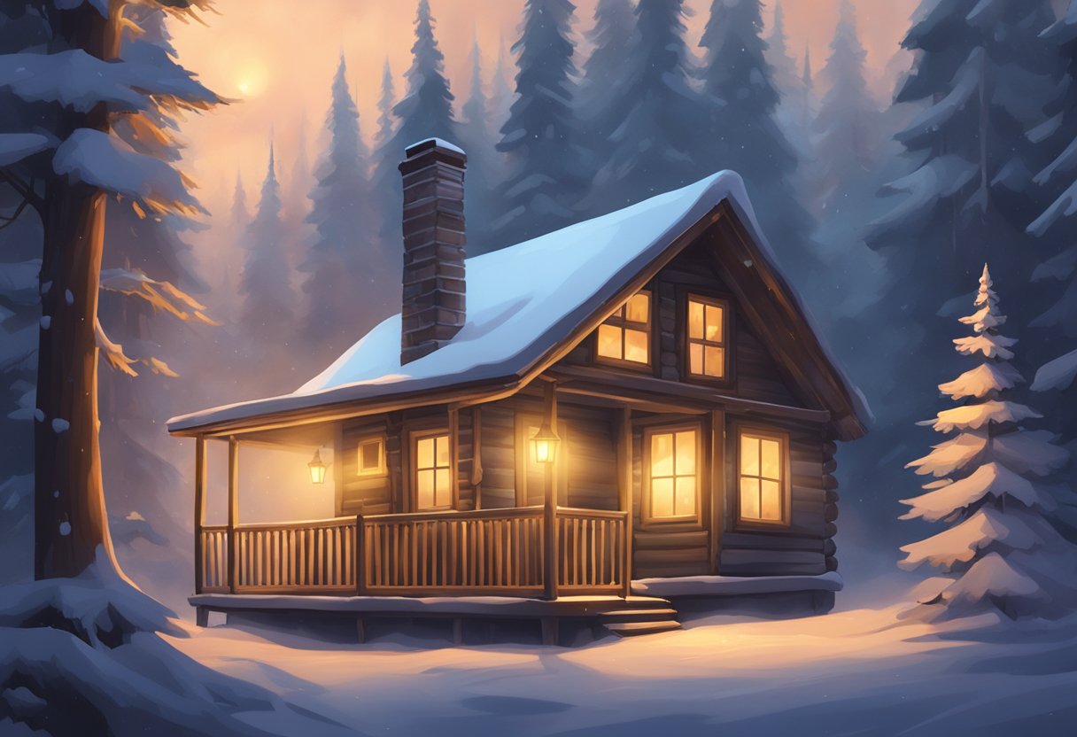 A cozy cabin in a snowy forest, with smoke rising from the chimney and warm lights glowing from the windows