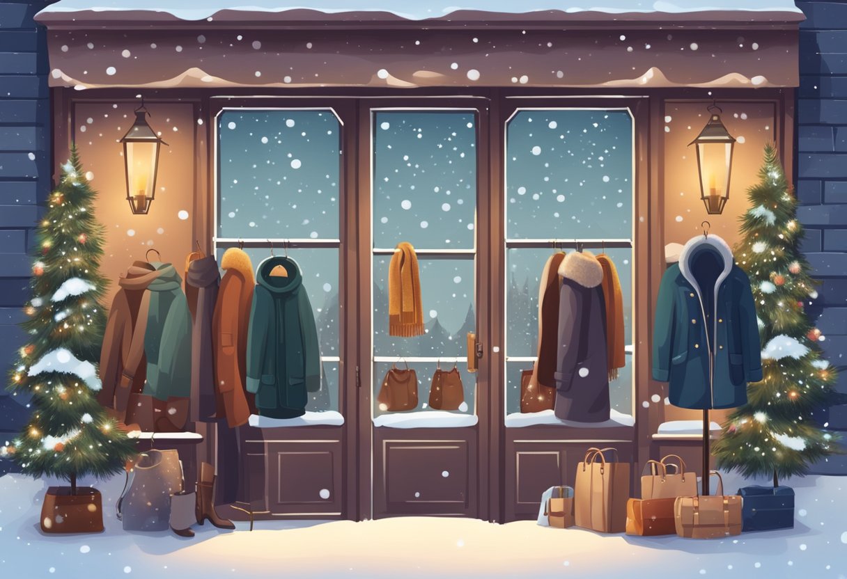 A cozy boutique with racks of winter clothing, warm scarves, and stylish boots on display. Snowflakes fall outside the window, creating a festive atmosphere
