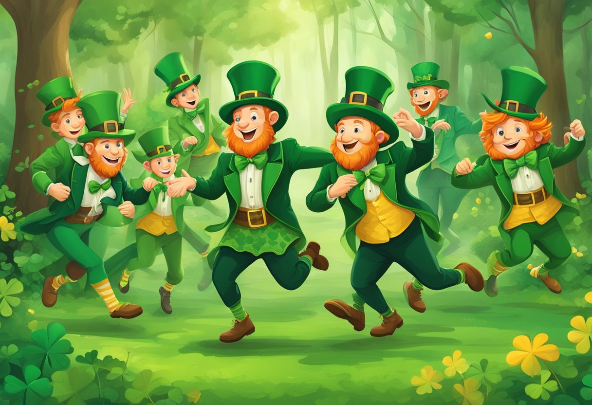 A group of leprechauns in colorful St. Patrick's Day outfits dancing and celebrating in a lush green forest clearing