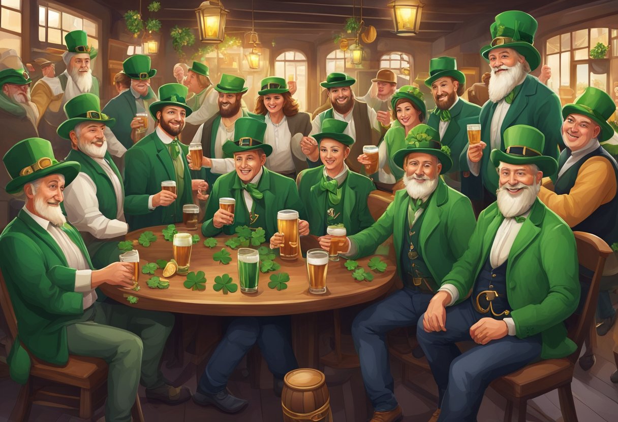 A lively pub scene with people wearing green hats, shamrock accessories, and traditional Irish clothing, with festive decorations and music