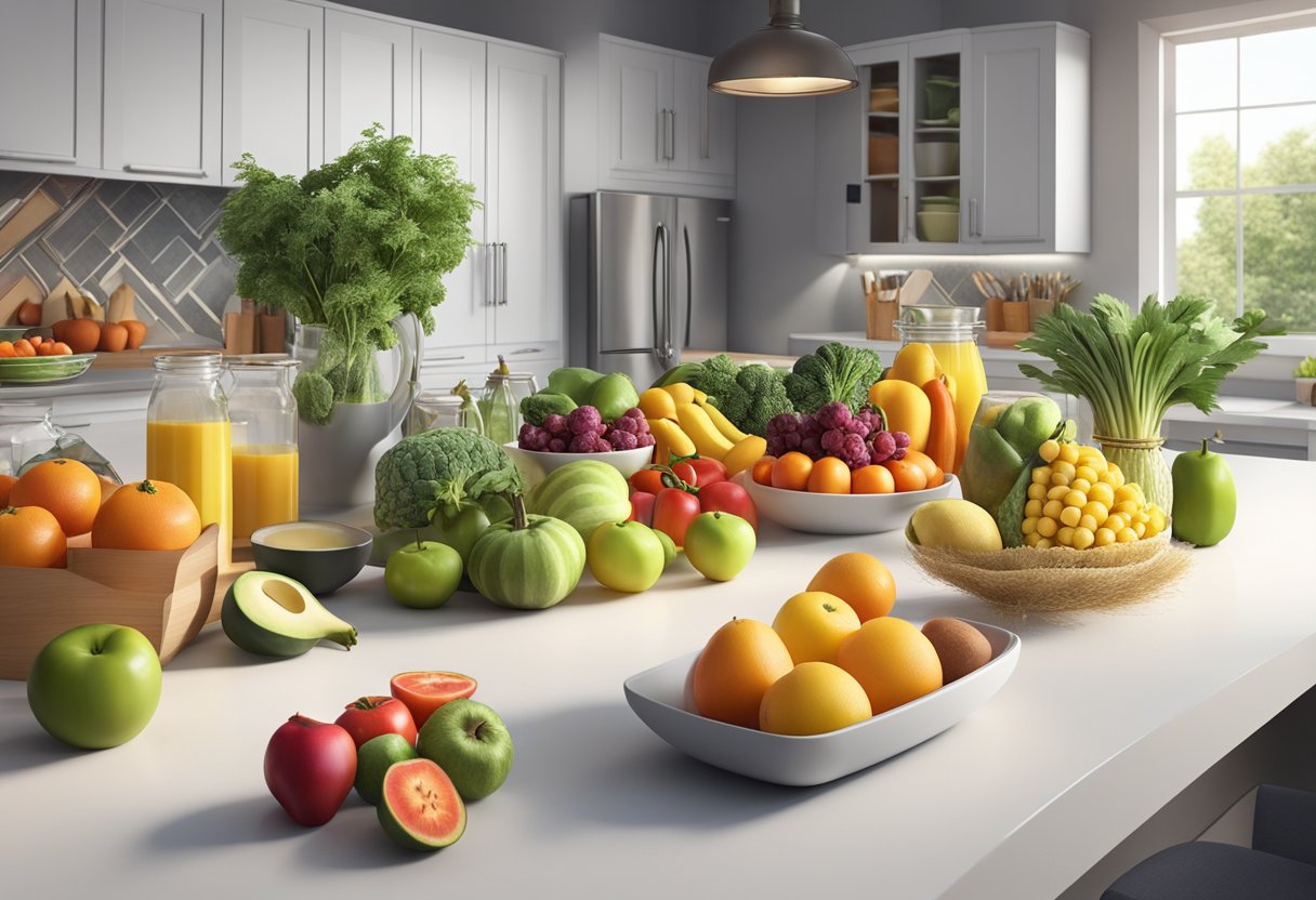 A colorful array of fresh fruits, vegetables, and grains arranged on a clean, modern kitchen counter