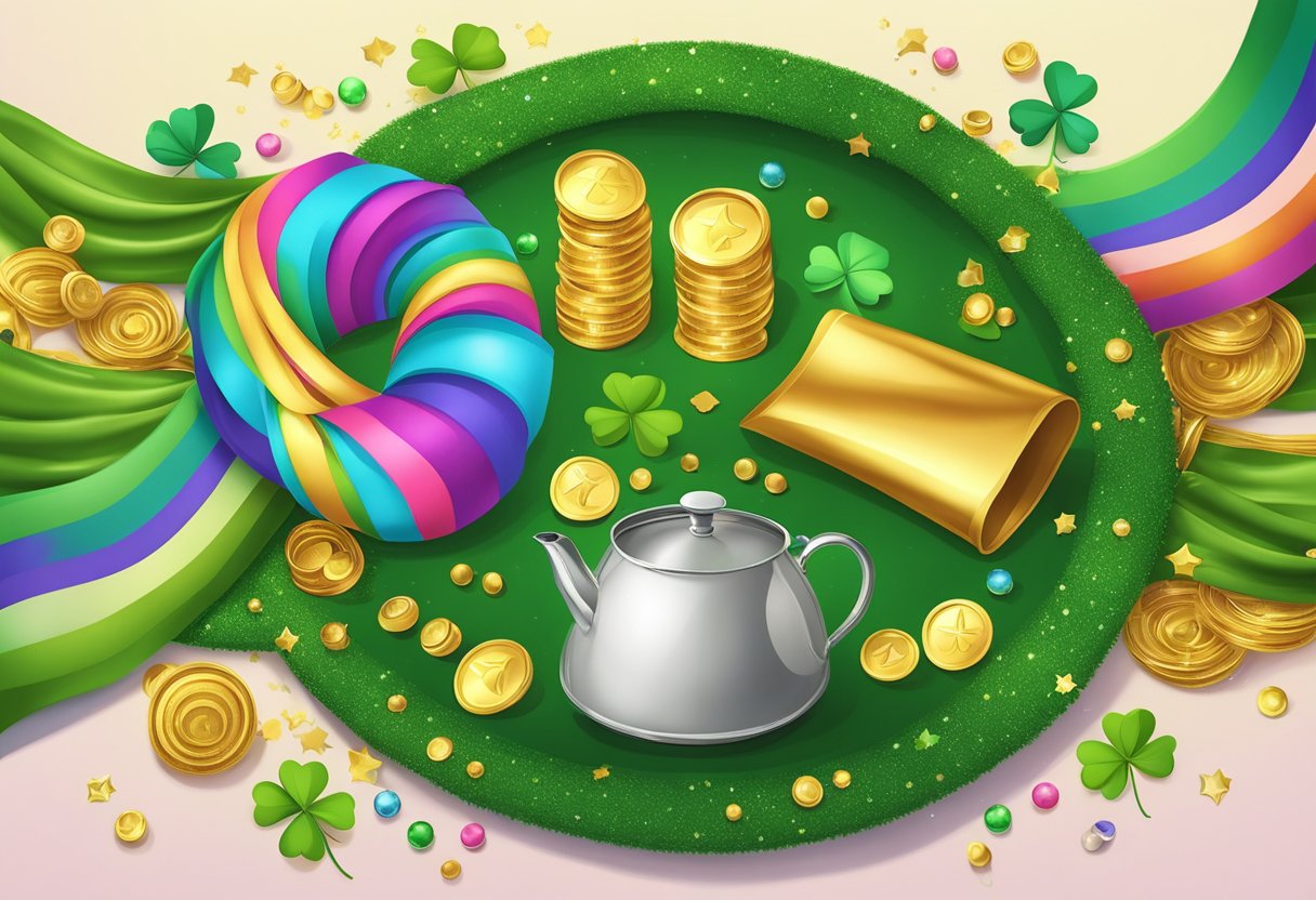 A table covered in green fabric, surrounded by glittery shamrocks, a pot of gold, and a rainbow of ribbons and beads