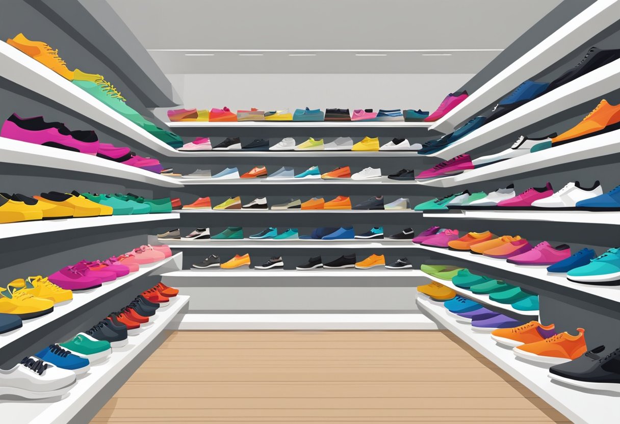 A colorful array of modern footwear displayed on sleek, minimalist shelves in a trendy boutique