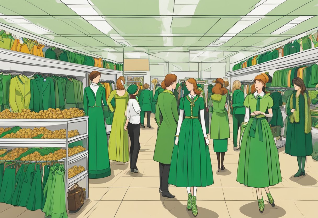 A bustling market with rows of colorful St. Patrick's Day outfits displayed on racks and mannequins. Shoppers browse through the festive attire while vendors promote their merchandise