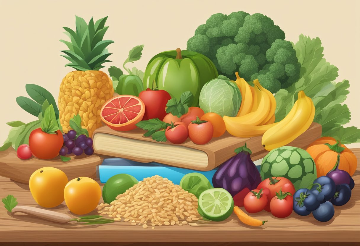 A colorful array of fresh fruits, vegetables, and whole grains arranged on a wooden cutting board, surrounded by recipe books and a measuring cup