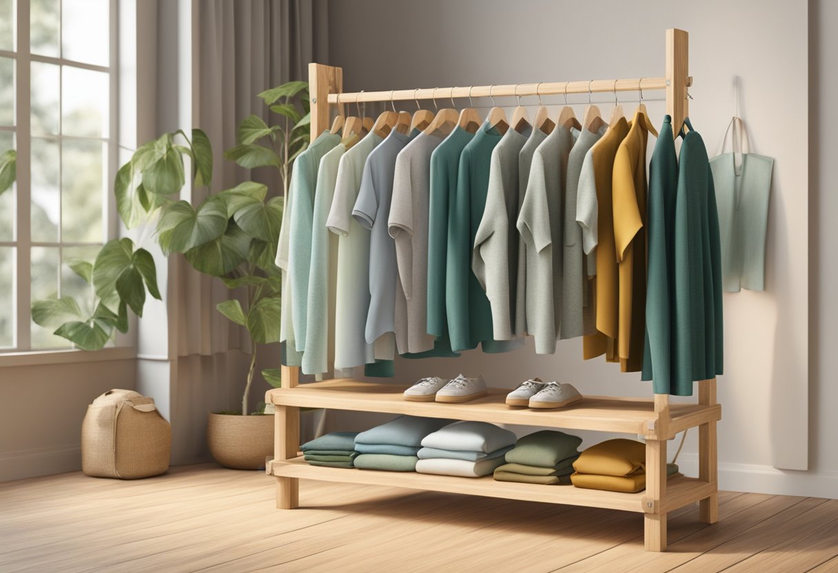 A clothing rack with eco-friendly, organic fabrics and recycled materials. Sustainable fashion accessories displayed on a natural wood table