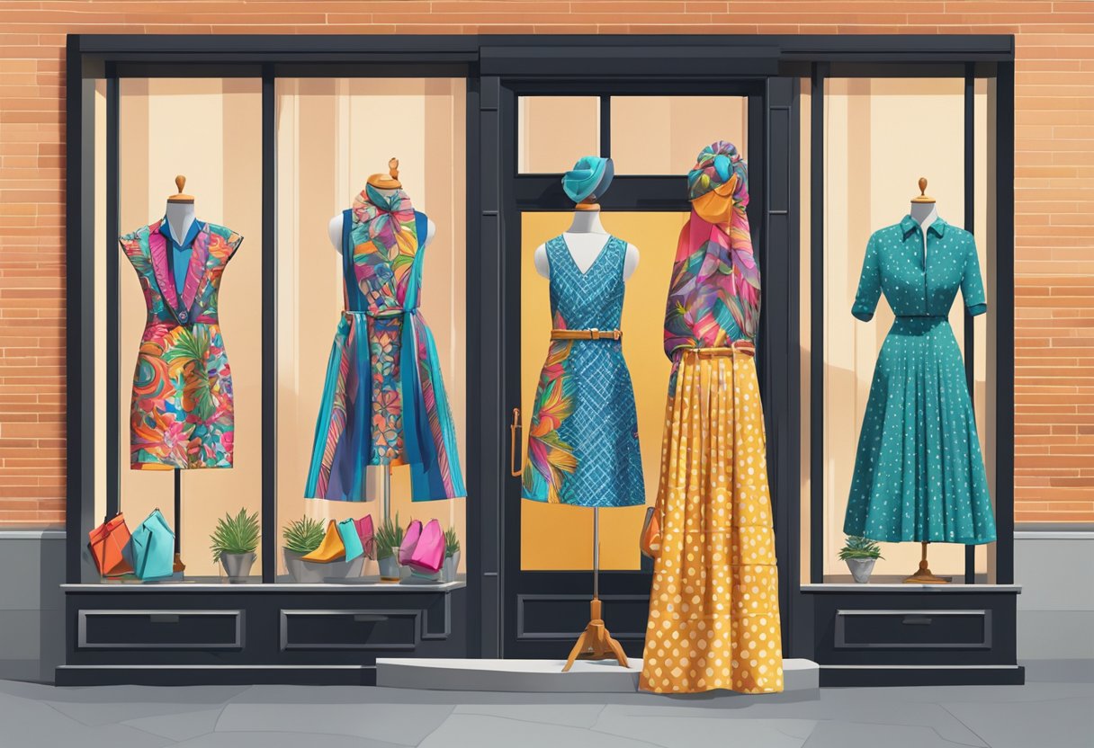 A group of vibrant, bold-patterned clothing items displayed in a trendy boutique window, attracting the attention of passersby