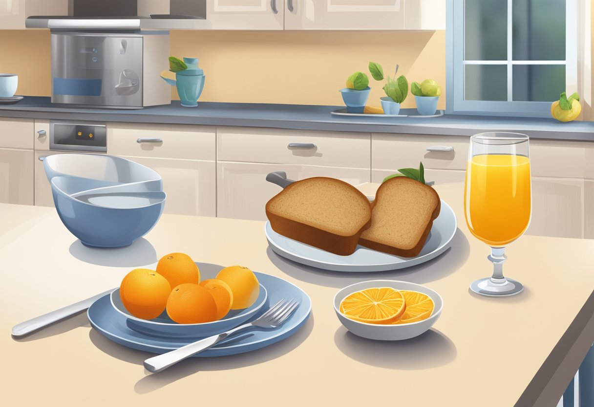 A table set with a bowl of fruit, a plate of whole grain toast, and a glass of orange juice, surrounded by a bright kitchen