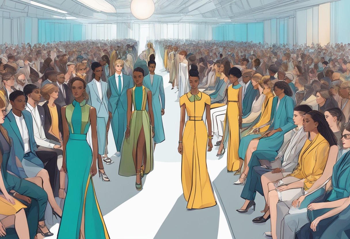 A crowded fashion show with diverse attendees observing models in avant-garde attire on a futuristic runway