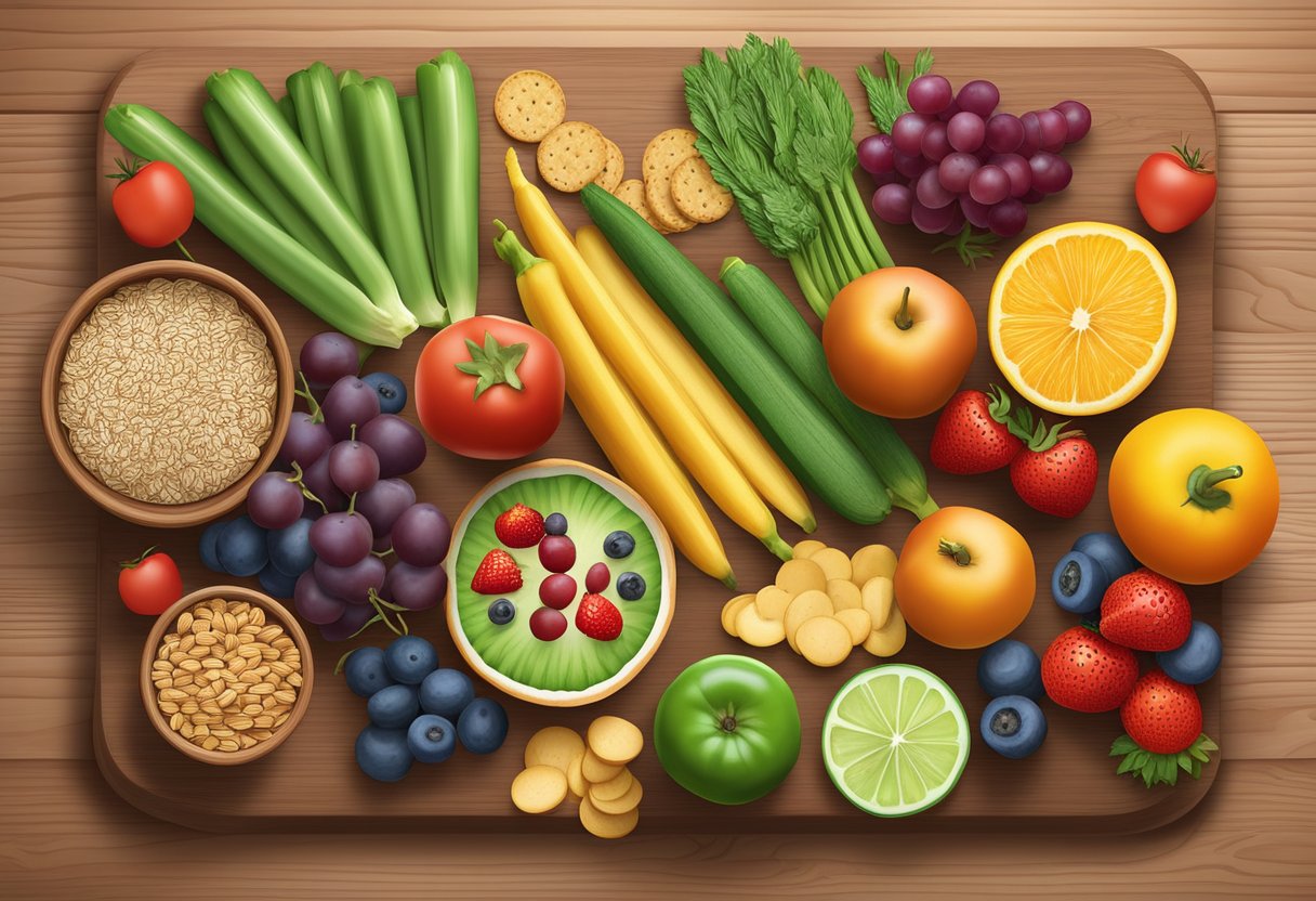 A colorful array of fresh fruits and vegetables, nuts, and whole grain crackers arranged on a wooden cutting board
