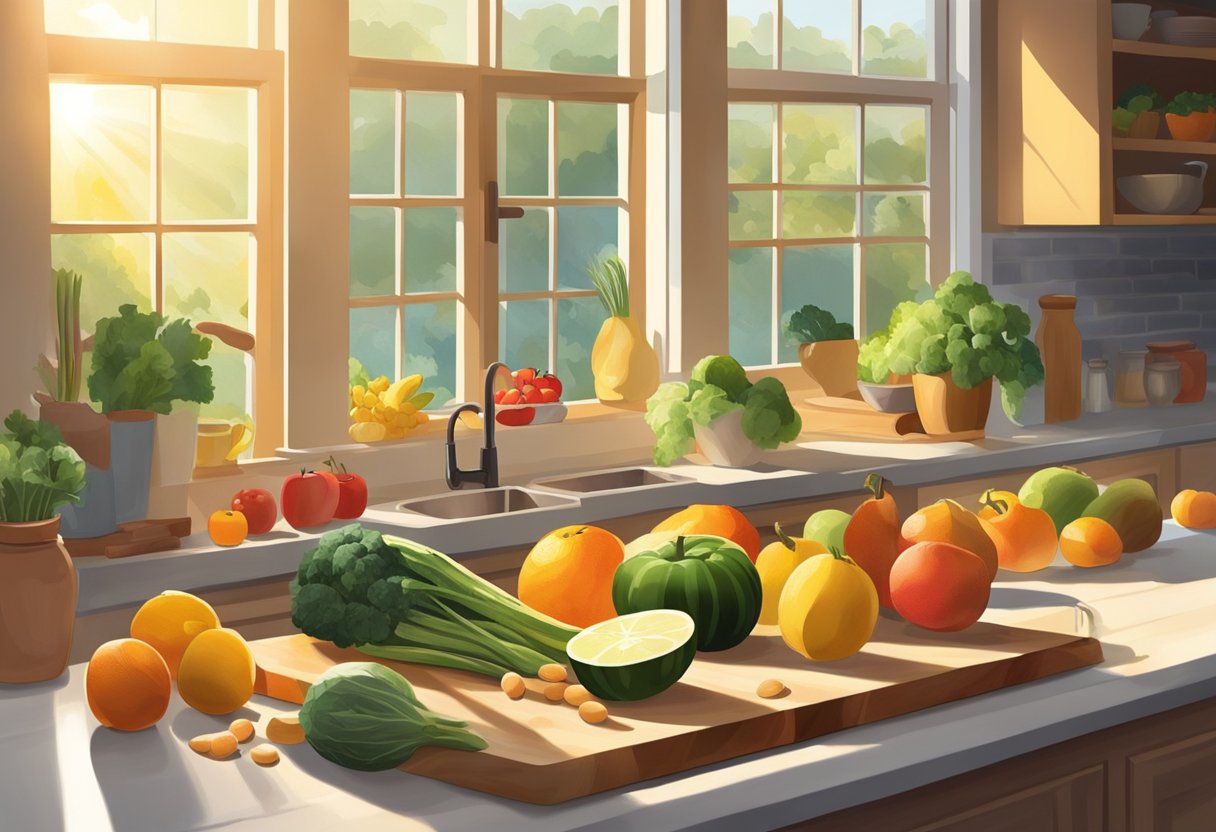 A bright, airy kitchen with a colorful array of fresh fruits, vegetables, and grains laid out on a wooden cutting board. Sunshine streams through the window, casting a warm glow over the scene
