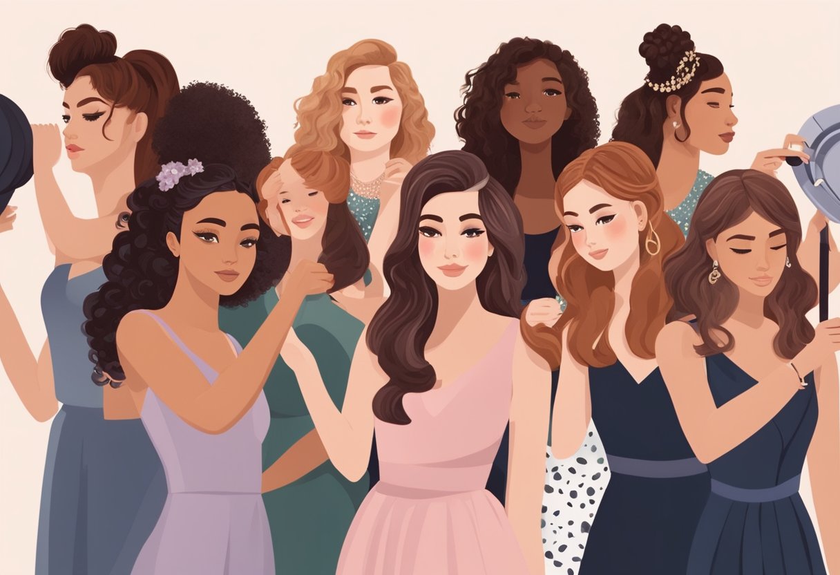 A group of girls with various hair lengths and styles, getting ready for prom. Some are curling their hair, others are adding accessories