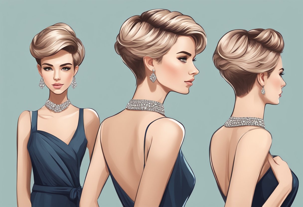 A stylish short-haired figure with chic prom hairstyle, adorned with elegant accessories, standing confidently