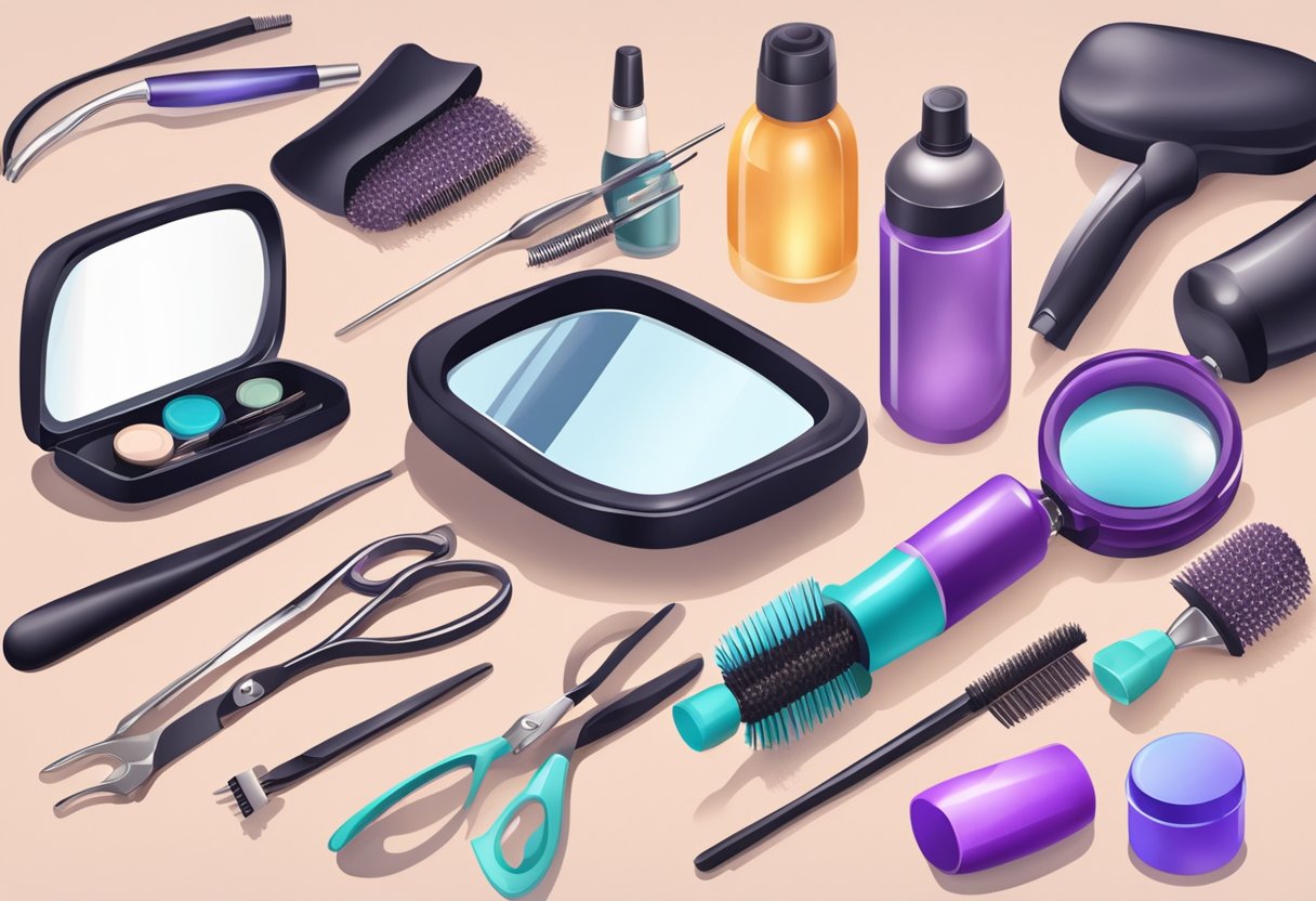 A table set with hair styling tools, a mirror, and various hair products for creating prom hairstyles at home