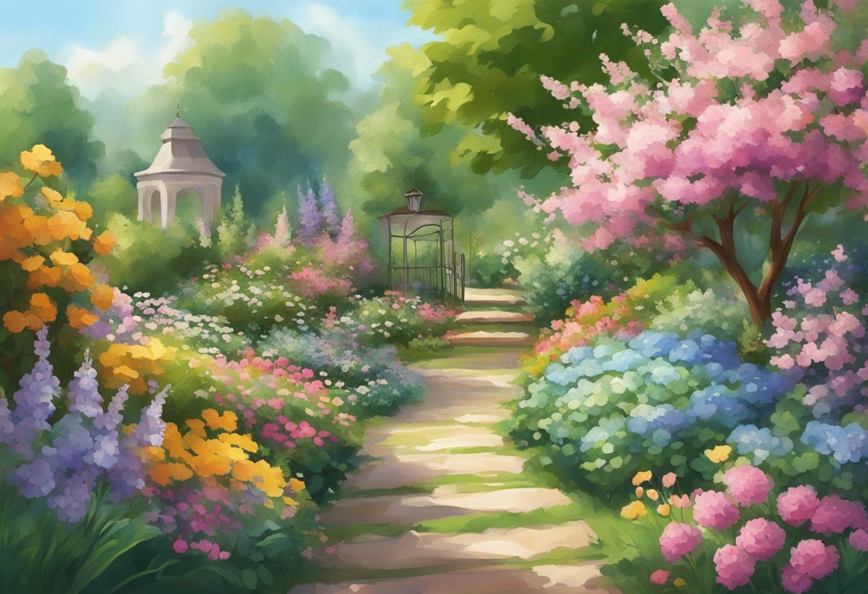 A garden filled with blooming flowers and vibrant greenery, with a gentle breeze carrying the scent of fresh blossoms
