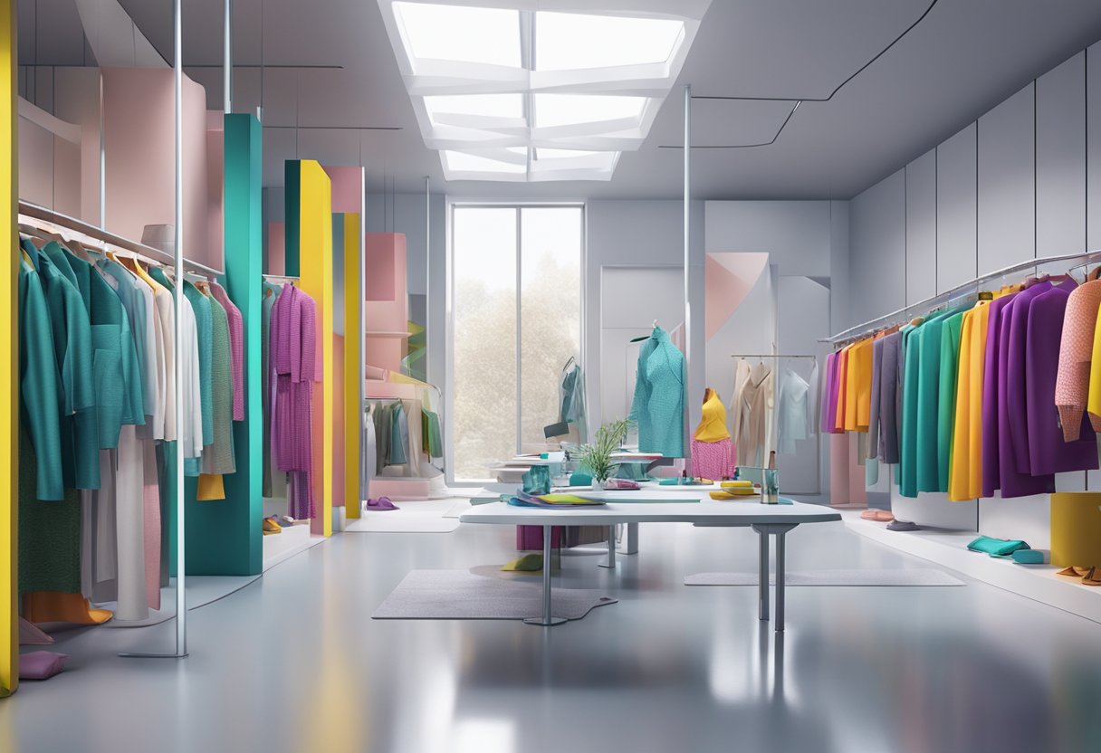 A vibrant mix of sustainable fabrics and futuristic materials in a high-tech fashion studio for Spring 2025