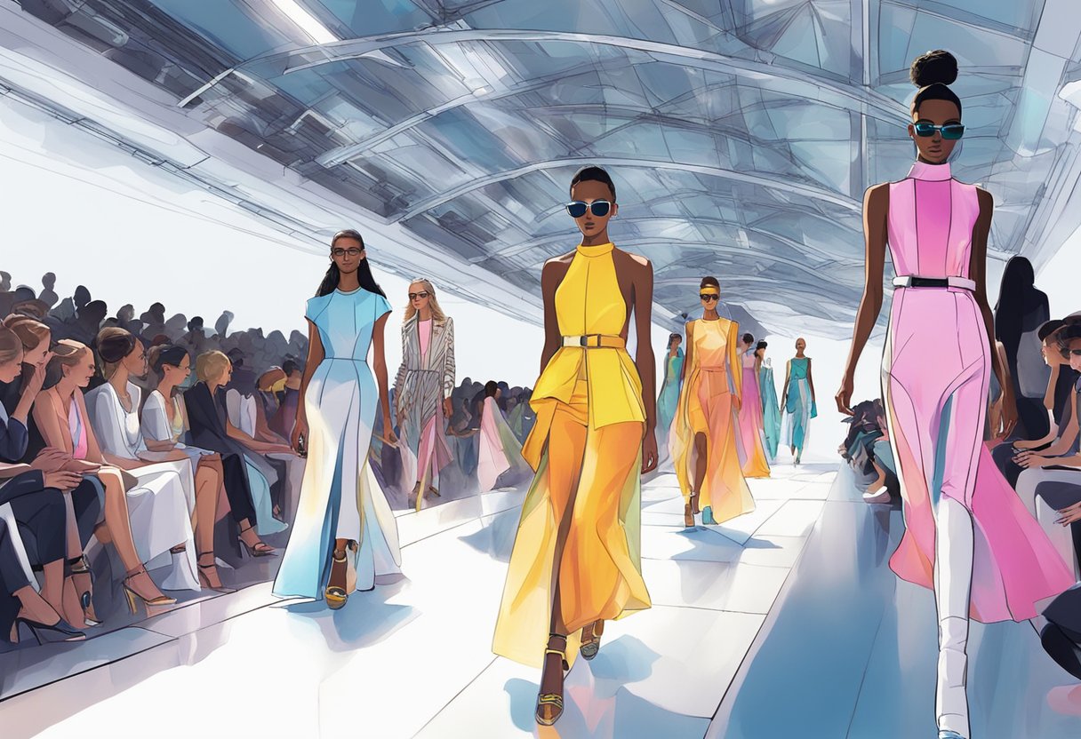A vibrant runway with models showcasing futuristic and edgy spring fashion designs for 2025