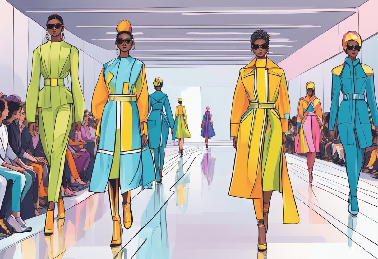 A runway with futuristic, avant-garde clothing on display. Models walk confidently, showcasing bold colors and innovative designs for spring 2025 fashion