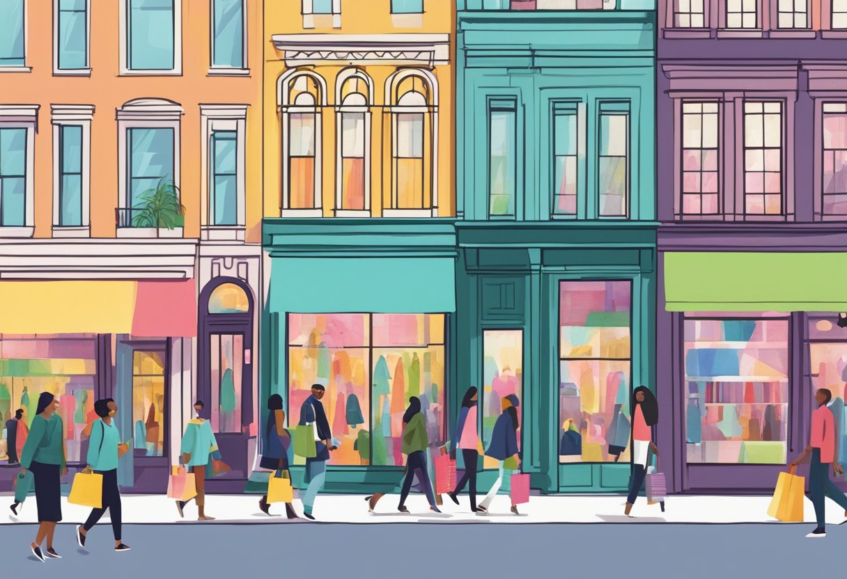 A bustling city street with colorful storefronts displaying the latest spring fashion trends for 2025. Pedestrians walk by, carrying shopping bags and admiring the window displays
